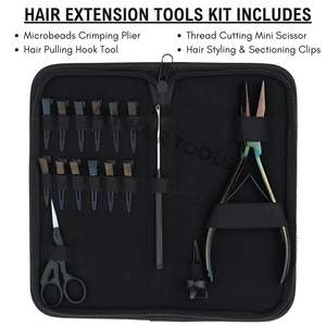 Kit d'outils pour extensions capillaires de styliste, comprenant des pinces à sertir plates, des pinces pour extensions adhésives, des pinces de retrait de perles, un crochet à boucle et un ensemble de pinces de sectionnement - Product Image 2