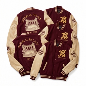Wholesale Varsity Jacket Slate Grey Wool Body Cream Leather Sleeve Classic Architecture Colonnade <b>Temple</b> Acanthus Embroidery - Product Image 2