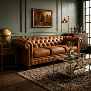 Traditional Chesterfield <b>Sofa</b> Genuine Leather Three Seat Tufted Back Rolled Arms <b>Wood</b> Legs Living Room Furniture Leather <b>Sofa</b> - Product Image 1
