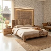 Cadre de lit moderne en bois massif avec sommier à lattes, tête de lit style teck naturel, lit plateforme en bois taille Queen, ensemble de chambre portable pour hôtel et maison