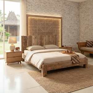 Solid Wood <b>Bed</b> <b>Frame</b> Rustic Log Slat Headboard <b>Queen</b> <b>Size</b> Natural Teak Style Wooden Platform <b>Bed</b> Bedroom Set Home Furniture - Product Image 3