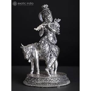 Superfino Murli Manohar Krishna vaca plateado latón estatua elegante escultura - Product Image 1
