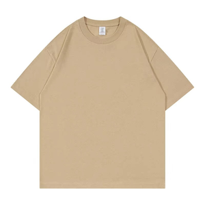 เสื้อยืดคอกลมแขนสั้นสีเบจล้วนสำหรับผู้ชาย ทรงโอเวอร์ไซส์ ผ้าฝ้ายเจอร์ซีย์ถัก 100% ย้อมสีพื้น - Product Image 1