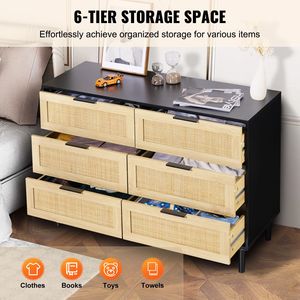 Comò Moderno a 6 Cassetti in Rattan, Organizzatore Armadio in Legno Naturale per Stoccaggio Vestiti Stile Boho - Product Image 3