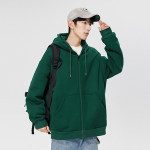 Sweat à capuche zippé en coton 100% vert pour homme, coupe ample, style décontracté, style automne - Product Image 1