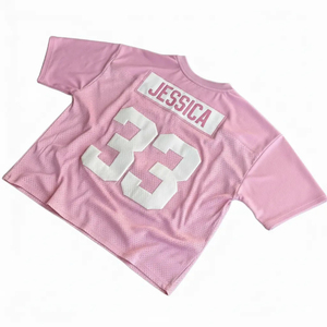 Maillot de football rose en maille personnalisé en gros, col en V oversize, vêtement de sport, streetwear athlétique, haut OEM, écologique - Product Image 2