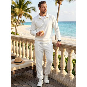 Survêtement en coton blanc pour homme, sweat-shirt à demi-zip avec pantalon à cordon de serrage, couleur unie, style décontracté, coupe classique, style printemps - Product Image 3