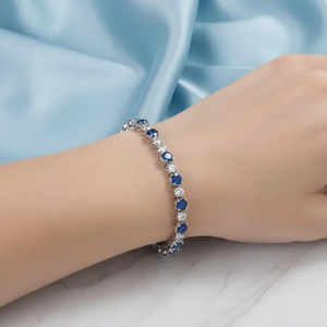 Bracelet tennis 6 pouces en or 14 carats avec diamants de laboratoire 4 carats, bleu et blanc fantaisie, taille ronde, serti clos, pour cadeau d'anniversaire - Product Image 2