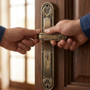 Manija de puerta decorativa Plume Regalis sobre placa |   Manija de Puerta Clásica de Latón con Orificio para Llave para Puertas Interiores y Exteriores - Product Image 3