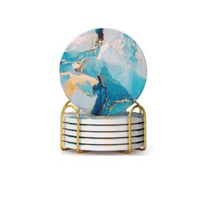 Ensemble de 6 sous-verres en marbre - Décoration moderne esthétique de luxe pour table basse, marbre blanc avec sous-verres en laiton doré - Product Image 6