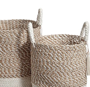 Eco Friendly Hand Woven Seagrass <b>Basket</b> Set Featuring <b>White</b> and Natural Pattern Storage <b>Laundry</b> Hamper Container Bin - Product Image 6