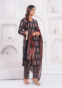 The straight-cut black kurti showcases timeless ethnic motifs, paired beautifully with matching printed <b>ankle</b>-length trousers. - Product Image 3
