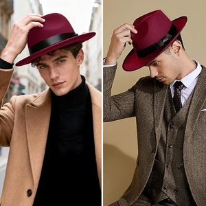 Burgundy Wool Fedora Hat with Black Ribbon Band Wide Brim Unisex Formal Style for Party Four Seasons Adult Accessory - Product Image 3