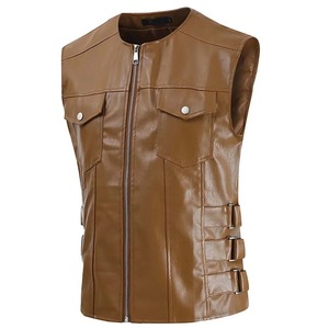 <b>Men's</b> Plus Size Brown Leather Look Moto <b>Vest</b> O-Neck Zipper Closure Pockets Outerwear Autumn Casual Style Windproof 100% Leather - Product Image 2