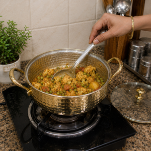 Hammered Brass Casserole Cooking <b>Pot</b> with Glass Lid Double Handles Food Serving Dish Buffet Cookware Hotel Restaurant Catering - Product Image 3