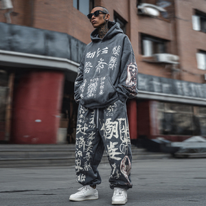 Ensemble de survêtement baggy pour homme avec sublimation, sweat à capuche à épaules tombantes et pantalon de survêtement imprimé à jambes larges, survêtement oversize d'hiver - Product Image 1