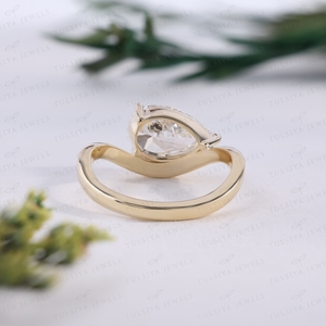 Anillo de Oro Amarillo Sólido de Lujo con Diamante en Forma de Pera Horizontal, Elegante Anillo Solitario con Diseño de Ola, Joyería Nupcial de Aniversario, Anillo Personalizado - Product Image 2