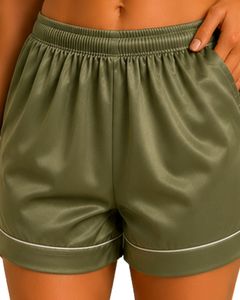 Conjunto de Pijama de Satén Verde Oliva Personalizado por el Fabricante, Ropa de Dormir de Seda para Mujer, con Bolsillo Bordado, Manga Corta, Conjunto de Ropa de Dormir Suave - Product Image 6