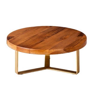 Assiette à gâteau en bois moderne et artistique Base en métal doré Support de luxe pour les tables d'événements, les fêtes et la présentation de cadeaux - Product Image 1