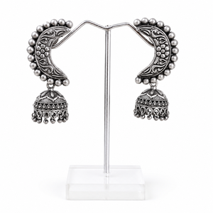 Oxidized <b>Silver</b> Brass Bell Indian Jhumka <b>Earrings</b> Zircon Pear Cut Bezel Setting Handmade Classic Bohemian Antique <b>Silver</b> Plated - Product Image 3