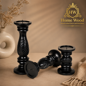 Home Wood Handcrafted Wooden <b>Candlestick</b> Holder Set Column Shape <b>Black</b> for Home Decoration - Product Image 3