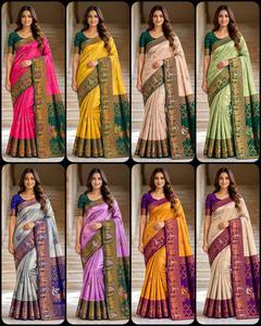 Sari de mariée léger en soie Meena fantaisie avec broderie 3D en Zari or rose et blouse jacquard contrastante, protection solaire, réversible - Product Image 2