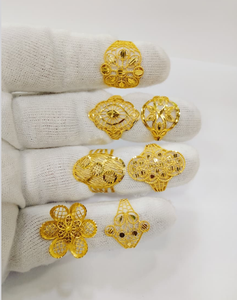 Bagues ajustables classiques en or turc massif 22 carats pour femmes, motif filigrane ajouré floral, bijoux ethniques raffinés, cadeau - Product Image 1