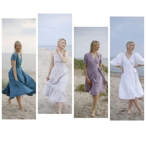 New Arrival Casual Breathable 100% Cotton A-Line Midi <b>Dress</b> Plain Dyed Short Sleeve V-neck for Women - Product Image 2