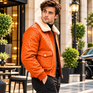 Herrenjacke mit Lederstruktur-Effekt und dekorativen Nieten, cremefarbenem Fellkragen, Pattentaschen und hochwertigem Bomber-Schnitt. - Product Image 2