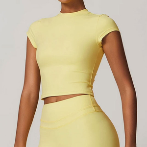 <b>Womens</b> <b>Yellow</b> Crop <b>Top</b> Crew Neck Cap Sleeve Slim Fit Knitted Sporty Solid Color Breathable T Shirt for Spring Summer Casual Wear - Product Image 6