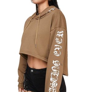 Custom Women Brown Cropped Hoodie Gothic Letter Print Sleeve <b>Long</b> Sleeve Vintage Y2K Streetwear Crop Pullover <b>Sweatshirt</b> - Product Image 2