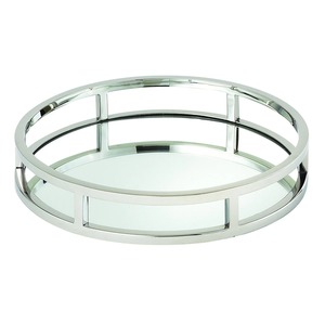 Round <b>Mirrored</b> Glass Storage <b>Tray</b> With Polished Metal Frame Modern Design Single Tier Table Use Jewelry Organizer - Product Image 3
