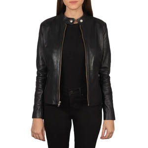 Women's Genuine <b>Leather</b> <b>Biker</b> <b>Jacket</b> <b>Black</b> Zipper Stand Collar Full Sleeve Moto Style Autumn Outerwear - Product Image 1