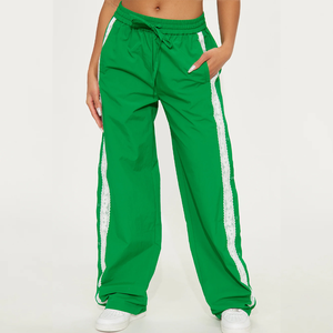 <b>Womens</b> Green Track Pants Casual Activewear <b>Joggers</b> with Contrast <b>White</b> Lace Side Designs - Product Image 1