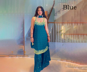 Salwar Kameez Azul Bordado con Lentejuelas y Trabajo Dana, Corte Ajustado para Mujer, Traje Tradicional de Verano para Bodas y Fiestas, en Faux Georgette - Product Image 1