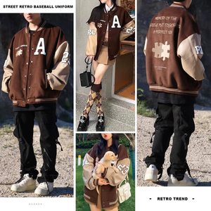 Letterman Varsity Jacket High Street Style Stand Collar Winter Wool Fabric <b>Canvas</b> Front Embroidered Patchwork Sleeves - Product Image 4