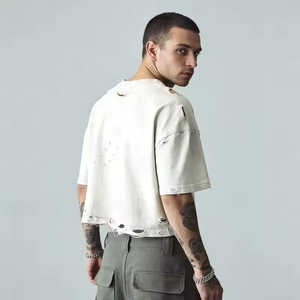 T-shirt vieilli en gros, ensembles de t-shirts d'été personnalisés pour hommes, col élastique, effet vieilli, 100 % coton, coupe oversize pour hommes - Product Image 2
