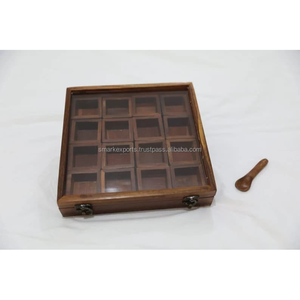 กล่องไม้ใส่เครื่องเทศพร้อมช้อน กล่องไม้ขนาดใหญ่ 16 ช่อง ลายไม้แบบอินเดีย สำหรับใส่เครื่องเทศ งานฝีมือคุณภาพสูง ขัดเงาอย่างดี 20 ชิ้น - Product Image 1