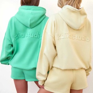 Ensemble sweat-shirt à capuche jaune et short pour femme, coupe ample, décontracté, en polaire, 2 pièces, tenue printemps-été - Product Image 4
