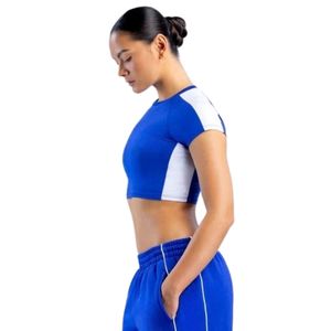 Women <b>Royal</b> <b>Blue</b> Color Block <b>Crop</b> T Shirt Short Sleeve Slim Fit Athletic Training <b>Top</b> Casual Sportswear Wholesale Apparel - Product Image 2