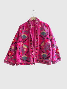 Veste en velours brodée de fleurs roses, col mandarin, manches longues, grande taille, vêtements d'automne pour femmes - Product Image 1