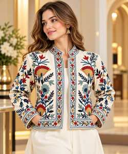 <b>Women</b>’s Purple Floral Embroidered Cotton <b>Jacket</b>, Stand Collar Ethnic Short <b>Jacket</b>, Boho Casual Wholesale Outerwear - Product Image 4