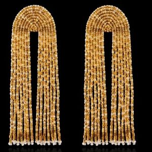 Rizir Fashion – Boucles d'oreilles pendantes géométriques plaquées or 14 carats, faites à la main, avec franges perlées et longues pampilles, pour femme, idéales pour les fêtes et mariages - Product Image 3
