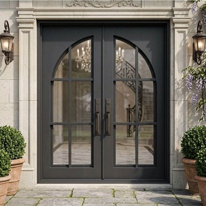 Puerta de entrada de hierro forjado de estilo moderno, diseño resistente al óxido con paneles de vidrio arqueados y acabado con recubrimiento de polvo negro. - Product Image 3