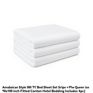 Juego de Sábanas de Estilo Americano de 300 Hilos, con Rayas + 2 Fundas de Almohada, Tamaño Queen 90x100 Pulgadas, Sábanas Ajustables de Algodón para Hotel, Incluye 4 Piezas - Product Image 2