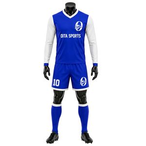 ชุดฟุตบอลผู้ใหญ่ สีน้ำเงินขาว เสื้อแขนยาวและกางเกงขาสั้น ชุดกีฬาระบายอากาศได้ดี สำหรับฝึกซ้อมและแข่งขัน - Product Image 1
