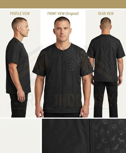 Blouse de travail noire à manches courtes pour homme avec motif empreinte de patte et poches avant, en polyester respirant - Product Image 6