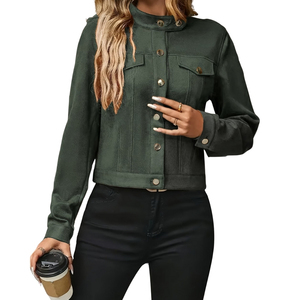 Vintage-Inspired Motorcycle Jacket for Women Plaid Denim Long Sleeve Stand Collar Front Buttons Soft Deer Velvet Texture - Product Image 4