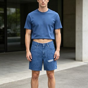 Pantalones Cortos Bermuda de Mezclilla Azul para Hombre, Desgastados, de Cintura Media, con Botones, Casuales, de Algodón Tejido - Product Image 4