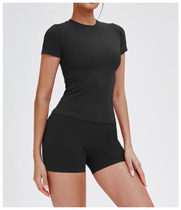 <b>Women</b> Solid 2 Piece Yoga Set <b>Short</b> Sleeve Crew Neck Top High Waist Ankle Length <b>Leggings</b> - Product Image 3